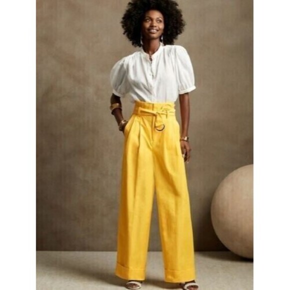 Banana Republic Wide Leg Paperbag Pants Womens 18 Yellow Cuffed